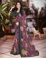 Vishal Prints Grey And Dark Pink Printed Georgette Saree With Satin Border