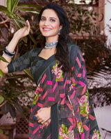 Vishal Prints Grey And Dark Pink Printed Georgette Saree With Satin Border