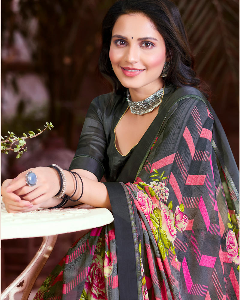 Vishal Prints Grey And Dark Pink Printed Georgette Saree With Satin Border