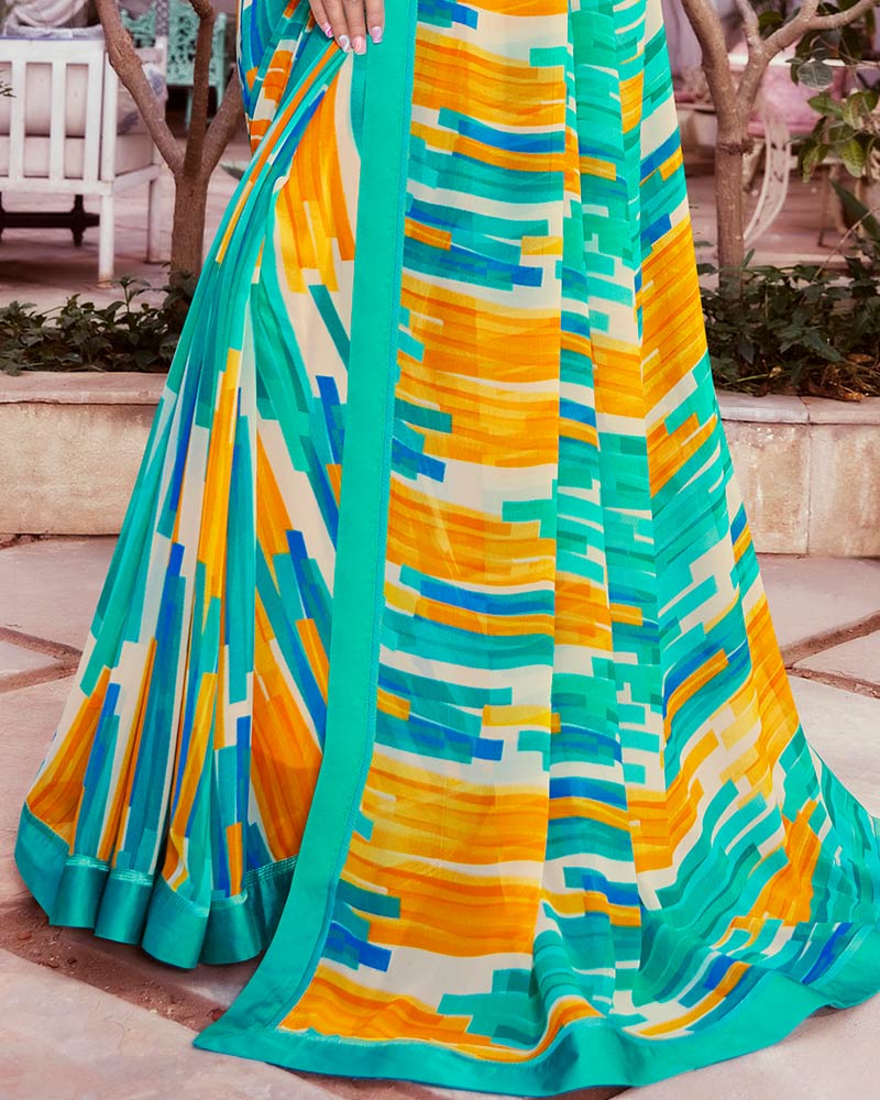 Vishal Prints Turquoise Blue Printed Georgette Saree With Satin Border