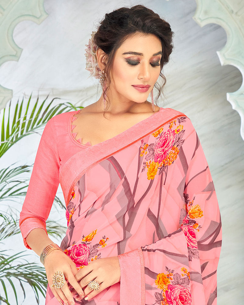 Vishal Prints Baby Pink Printed Georgette Saree With Border