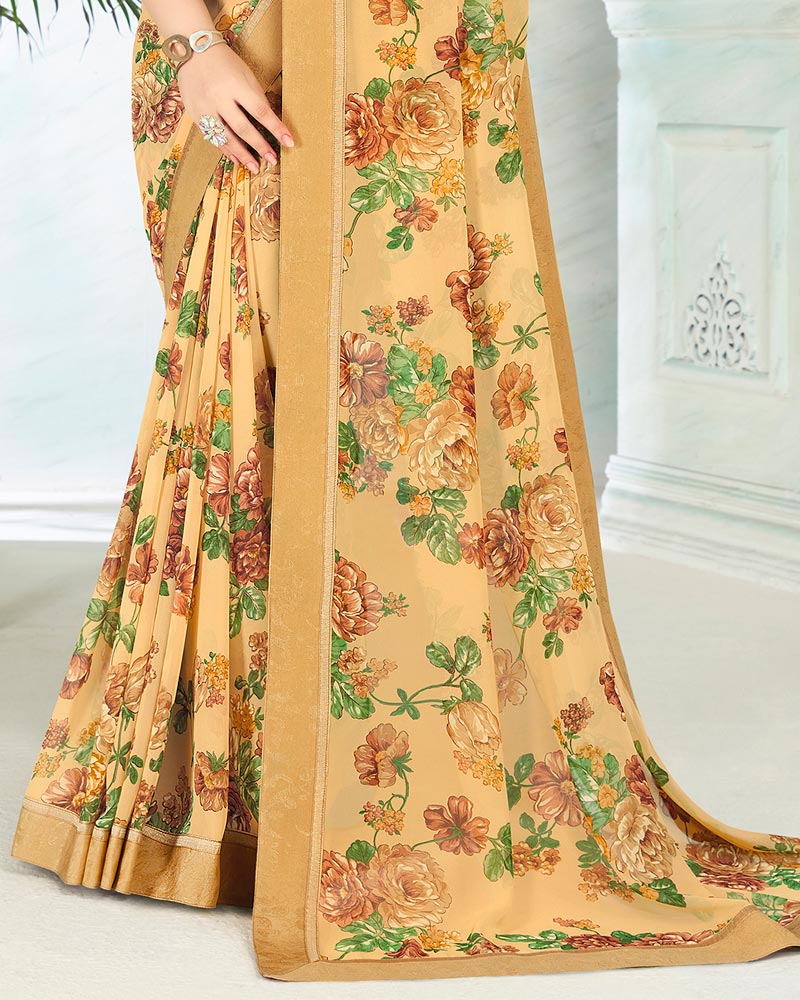Vishal Prints Sand Brown Printed Georgette Saree With Border