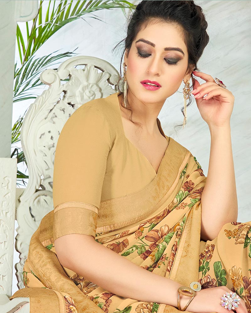 Vishal Prints Sand Brown Printed Georgette Saree With Border