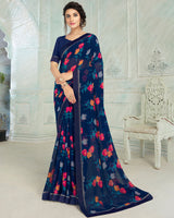 Vishal Prints Navy Blue Printed Georgette Saree With Border