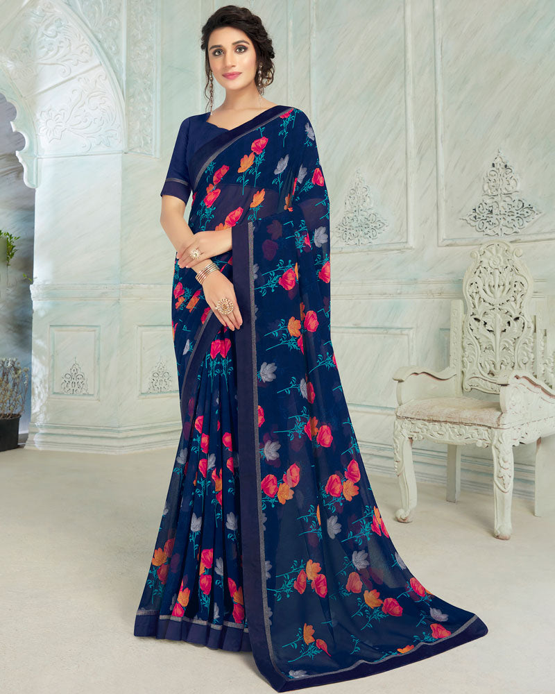 Vishal Prints Navy Blue Printed Georgette Saree With Border