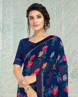 Vishal Prints Navy Blue Printed Georgette Saree With Border