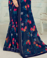 Vishal Prints Navy Blue Printed Georgette Saree With Border