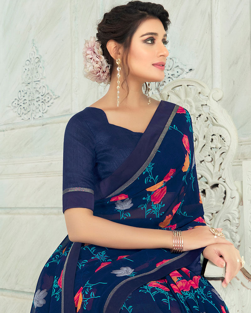 Vishal Prints Navy Blue Printed Georgette Saree With Border