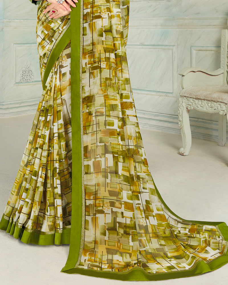 Vishal Prints Mehandi Green Printed Georgette Saree With Border