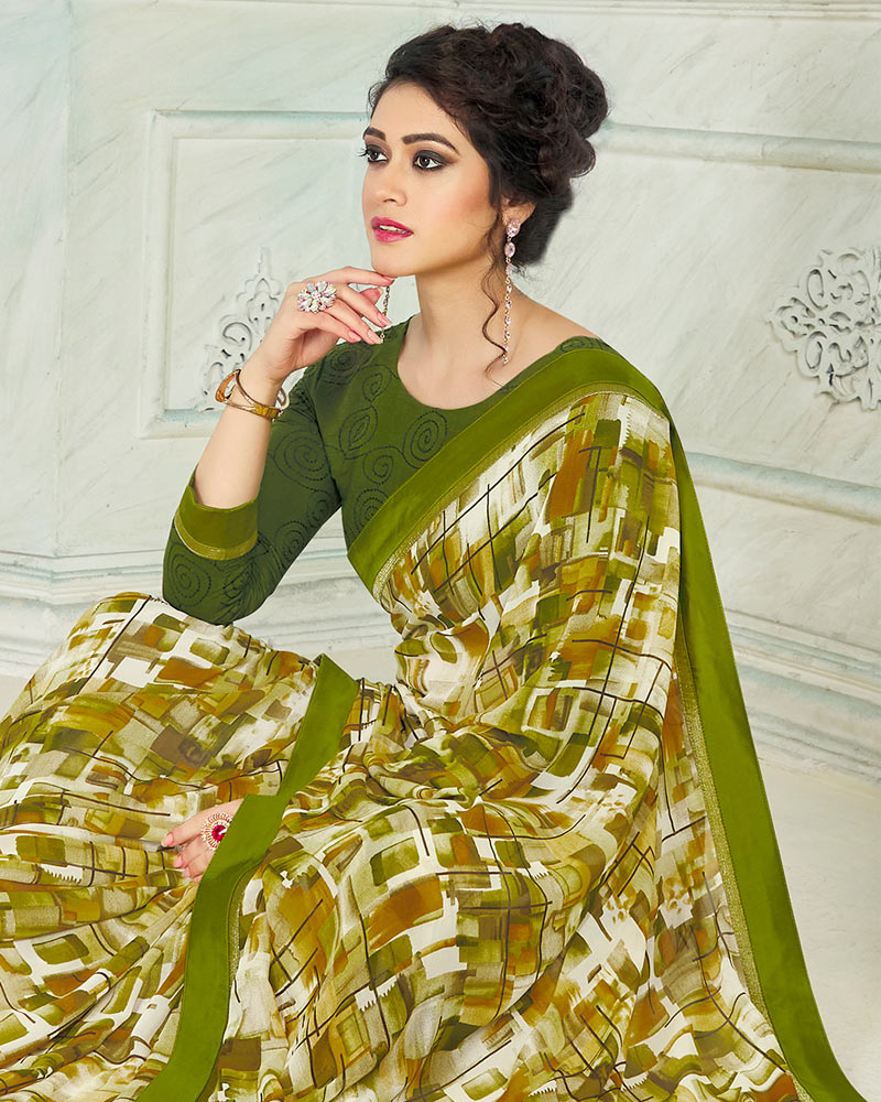 Vishal Prints Mehandi Green Printed Georgette Saree With Border