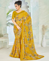 Vishal Prints Dark Yellow Printed Georgette Saree With Border