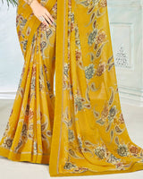 Vishal Prints Dark Yellow Printed Georgette Saree With Border