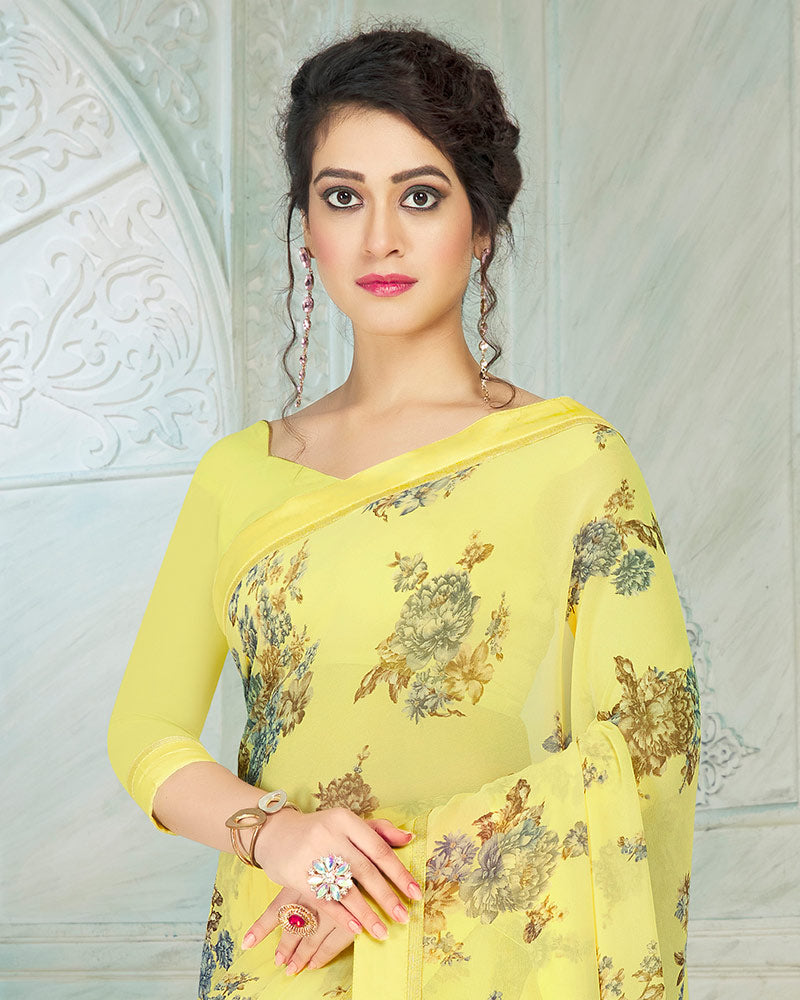 Vishal Prints Pastel Yellow Printed Georgette Saree With Border