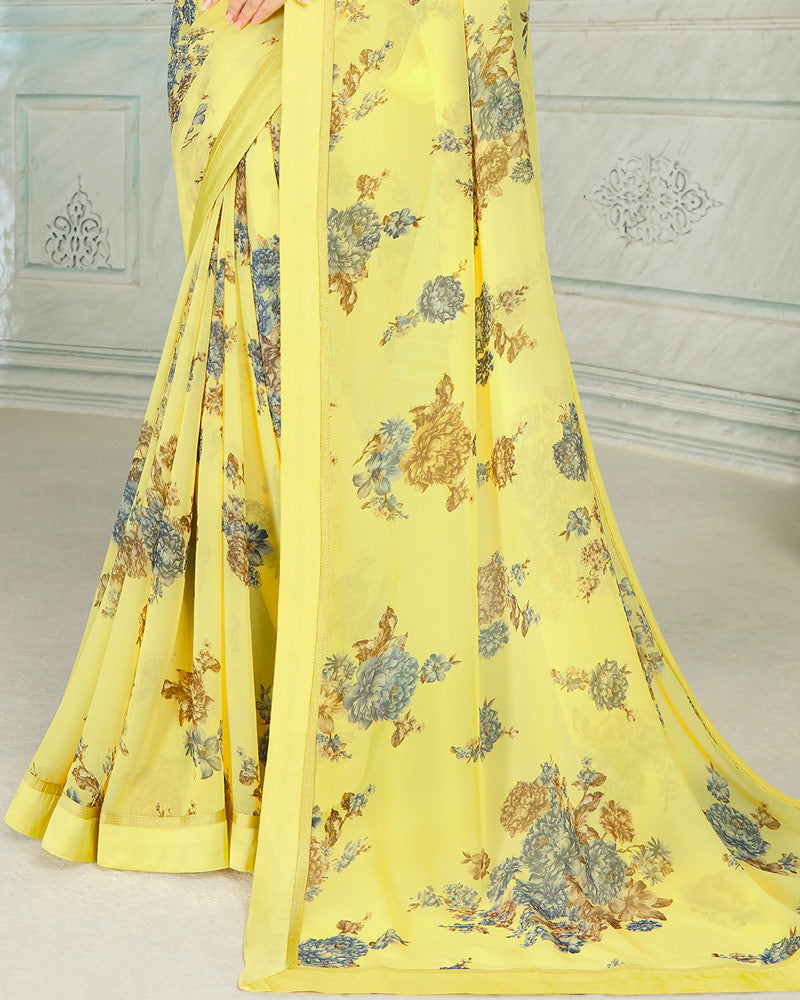 Vishal Prints Pastel Yellow Printed Georgette Saree With Border