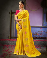 Vishal Prints Golden Yellow Designer Patterned Chiffon Saree With Embroidery Work And Fancy Border