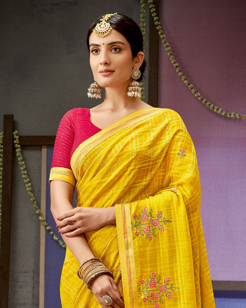 Vishal Prints Golden Yellow Designer Patterned Chiffon Saree With Embroidery Work And Fancy Border