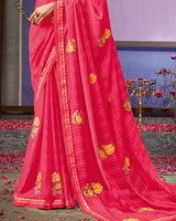 Vishal Prints Red Pink Designer Patterned Chiffon Saree With Embroidery Work And Fancy Border