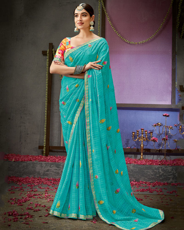 Vishal Prints Dark Turquoise Blue Designer Patterned Chiffon Saree With Embroidery Work And Fancy Border