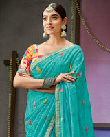 Vishal Prints Dark Turquoise Blue Designer Patterned Chiffon Saree With Embroidery Work And Fancy Border