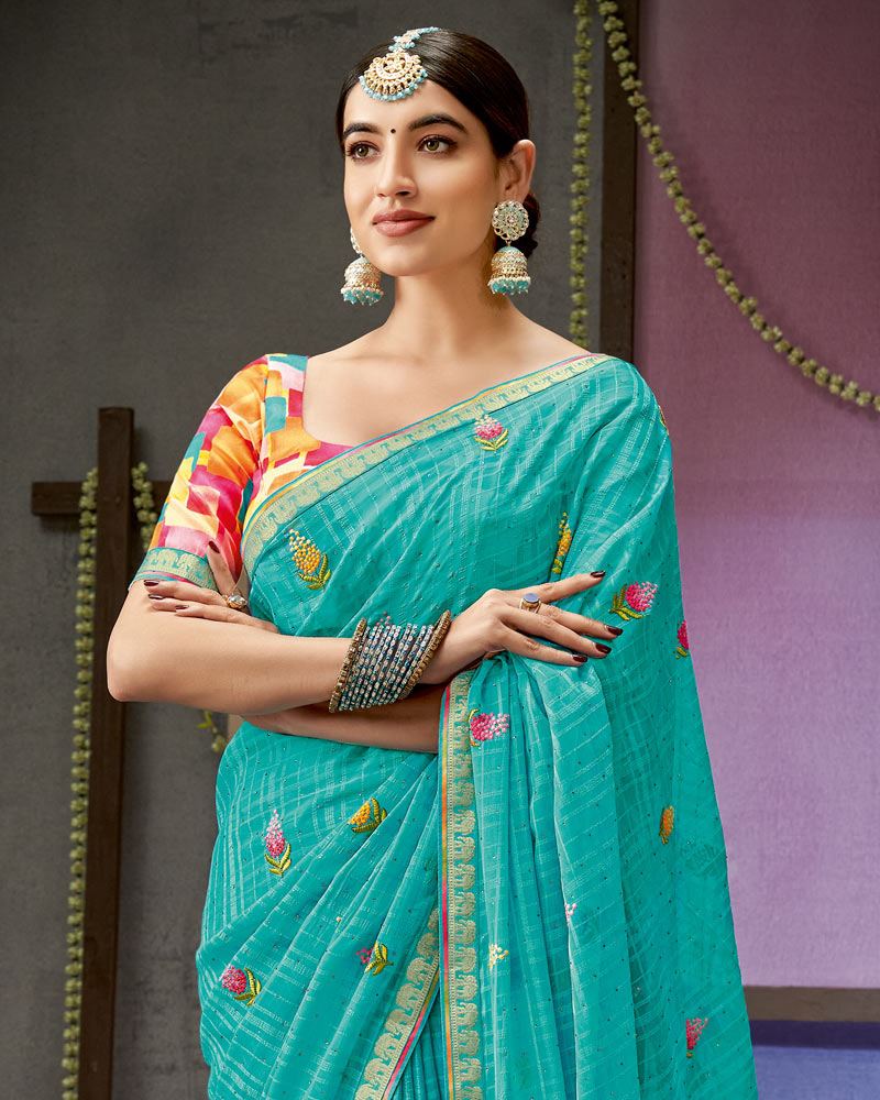 Vishal Prints Dark Turquoise Blue Designer Patterned Chiffon Saree With Embroidery Work And Fancy Border
