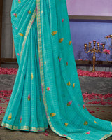 Vishal Prints Dark Turquoise Blue Designer Patterned Chiffon Saree With Embroidery Work And Fancy Border