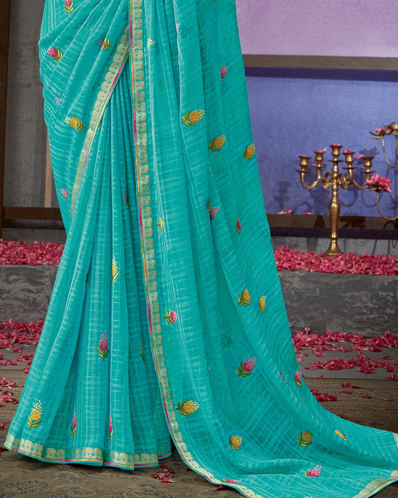 Vishal Prints Dark Turquoise Blue Designer Patterned Chiffon Saree With Embroidery Work And Fancy Border