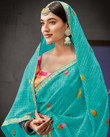Vishal Prints Dark Turquoise Blue Designer Patterned Chiffon Saree With Embroidery Work And Fancy Border