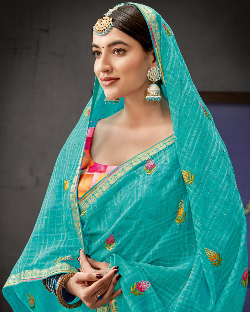 Vishal Prints Dark Turquoise Blue Designer Patterned Chiffon Saree With Embroidery Work And Fancy Border