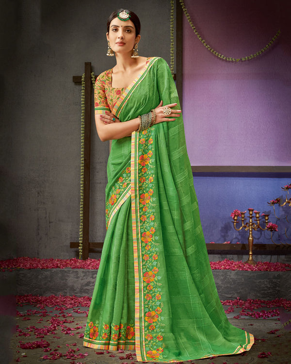 Vishal Prints Grass Green Designer Patterned Chiffon Saree With Embroidery Work And Fancy Border