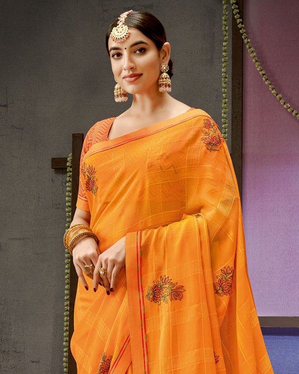 Vishal Prints Saffron Color Designer Patterned Chiffon Saree With Embroidery Work And Fancy Border