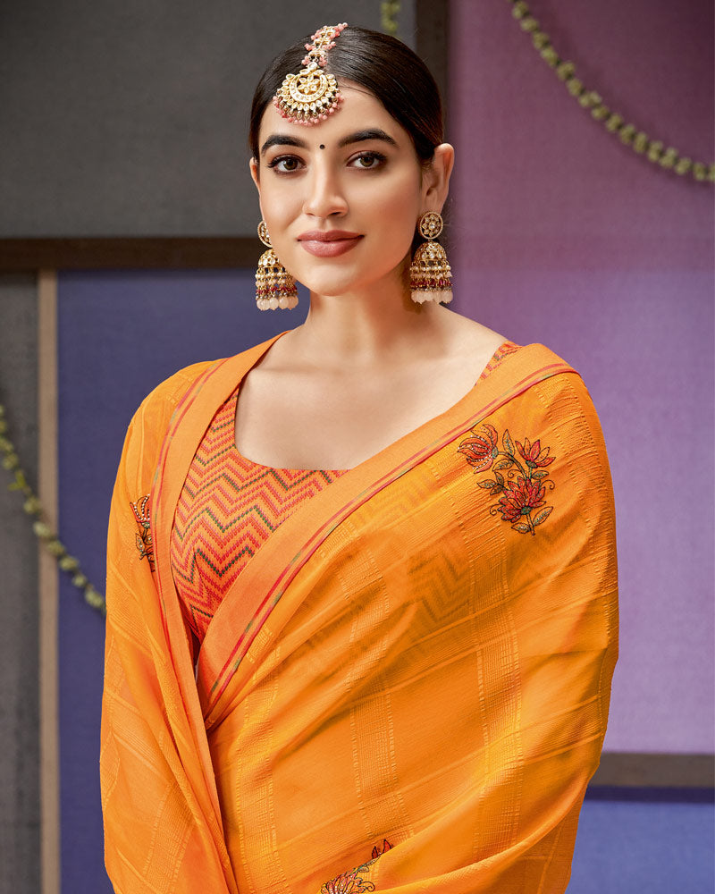 Vishal Prints Saffron Color Designer Patterned Chiffon Saree With Embroidery Work And Fancy Border