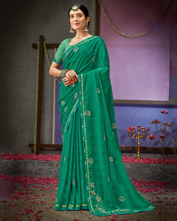 Vishal Prints Jade Green Designer Patterned Chiffon Saree With Embroidery Work And Fancy Border