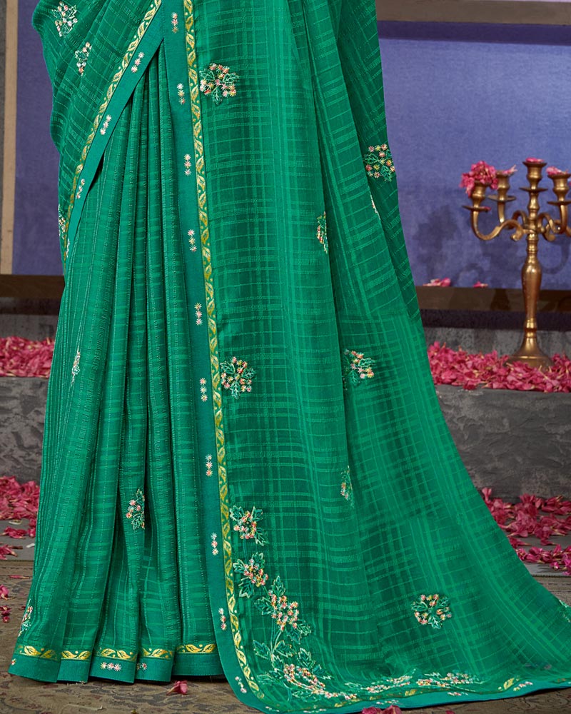 Vishal Prints Jade Green Designer Patterned Chiffon Saree With Embroidery Work And Fancy Border
