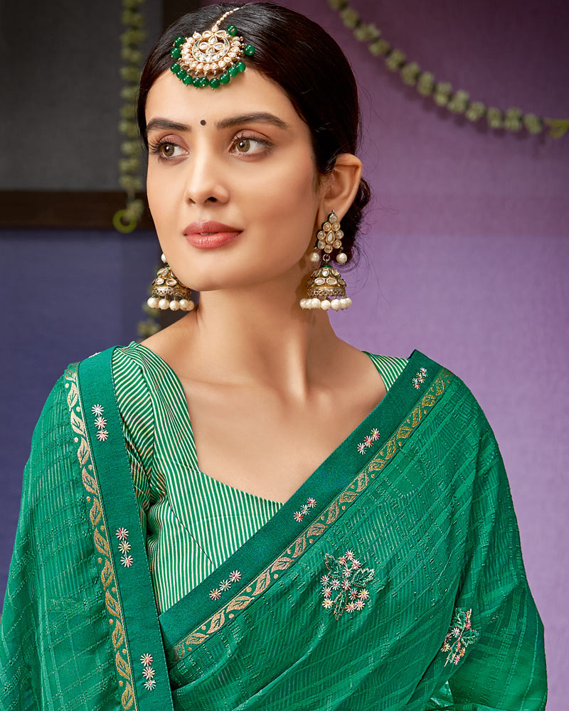 Vishal Prints Jade Green Designer Patterned Chiffon Saree With Embroidery Work And Fancy Border