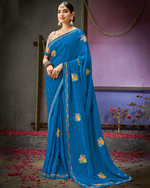 Vishal Prints Orient Blue Designer Patterned Chiffon Saree With Embroidery Work And Fancy Border