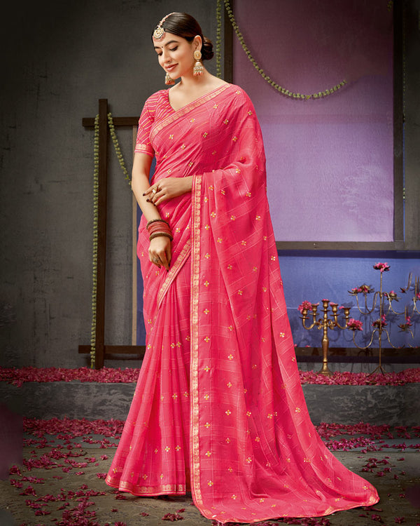 Vishal Prints Froly Pink Designer Patterned Chiffon Saree With Embroidery Work And Fancy Border