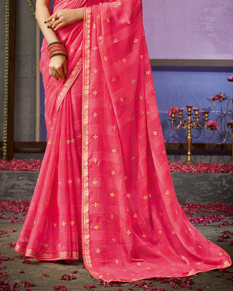 Vishal Prints Froly Pink Designer Patterned Chiffon Saree With Embroidery Work And Fancy Border
