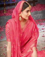 Vishal Prints Froly Pink Designer Patterned Chiffon Saree With Embroidery Work And Fancy Border