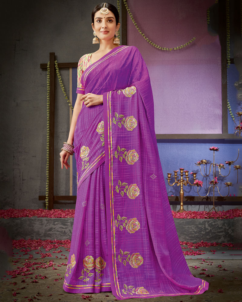 Vishal Prints Deep Magenta Designer Patterned Chiffon Saree With Embroidery Work And Fancy Border