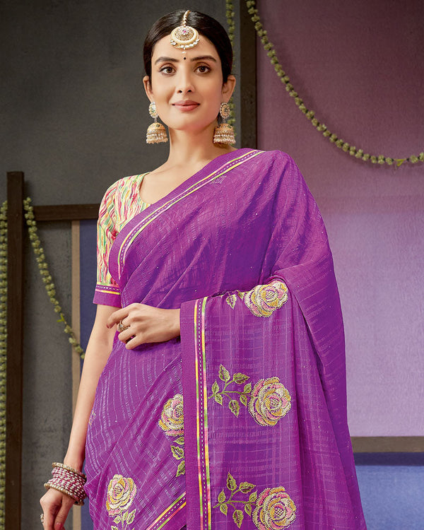 Vishal Prints Deep Magenta Designer Patterned Chiffon Saree With Embroidery Work And Fancy Border