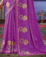 Vishal Prints Deep Magenta Designer Patterned Chiffon Saree With Embroidery Work And Fancy Border
