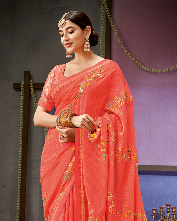 Vishal Prints Coral Designer Patterned Chiffon Saree With Embroidery Work And Fancy Border