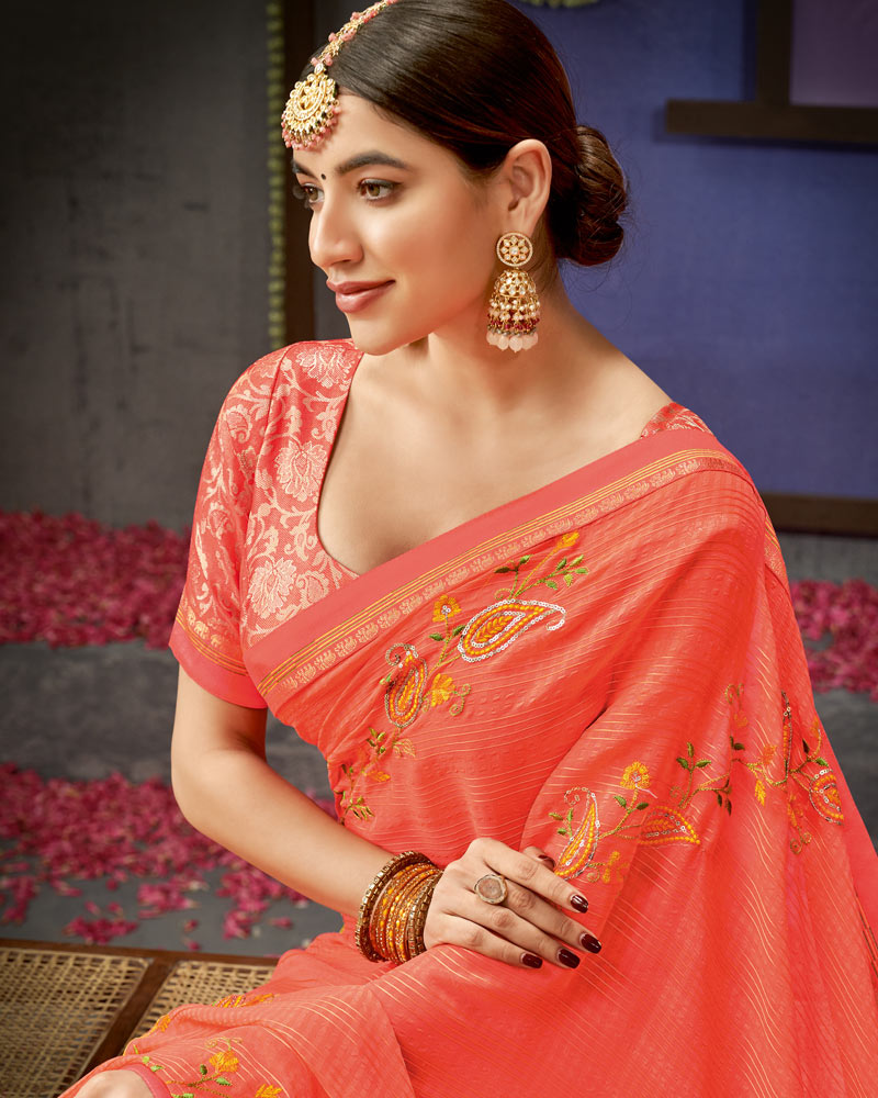 Vishal Prints Coral Designer Patterned Chiffon Saree With Embroidery Work And Fancy Border