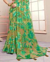 Vishal Prints Meadow Green Tissue Brasso Designer Digital Print Saree With Tassel And Core Piping