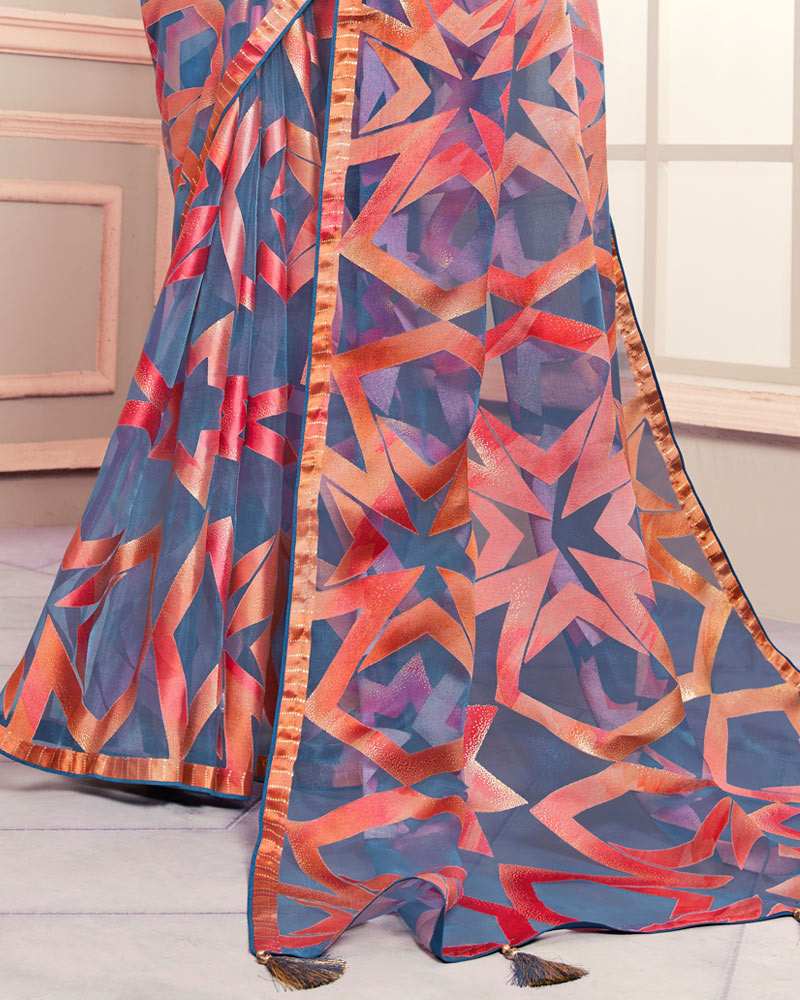 Vishal Prints Blue Bayoux Tissue Brasso Designer Digital Print Saree With Tassel And Core Piping
