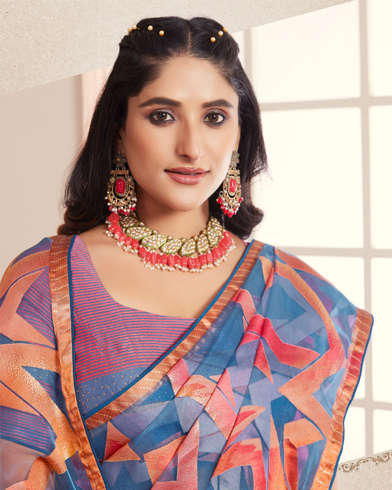 Vishal Prints Blue Bayoux Tissue Brasso Designer Digital Print Saree With Tassel And Core Piping