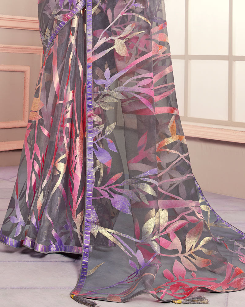 Vishal Prints Gravel Grey Tissue Brasso Designer Digital Print Saree With Tassel And Core Piping