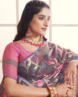 Vishal Prints Gravel Grey Tissue Brasso Designer Digital Print Saree With Tassel And Core Piping