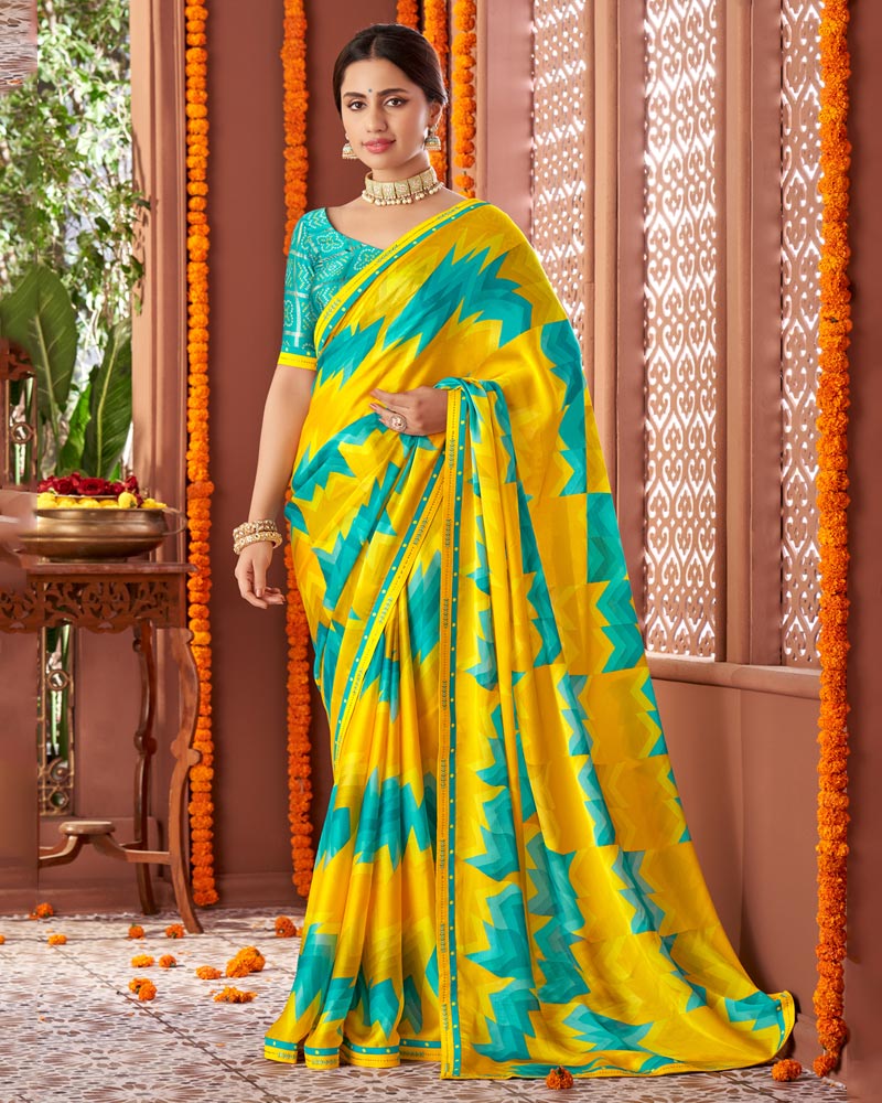 Vishal Prints Dark Yellow Printed Fancy Chiffon Saree With Border
