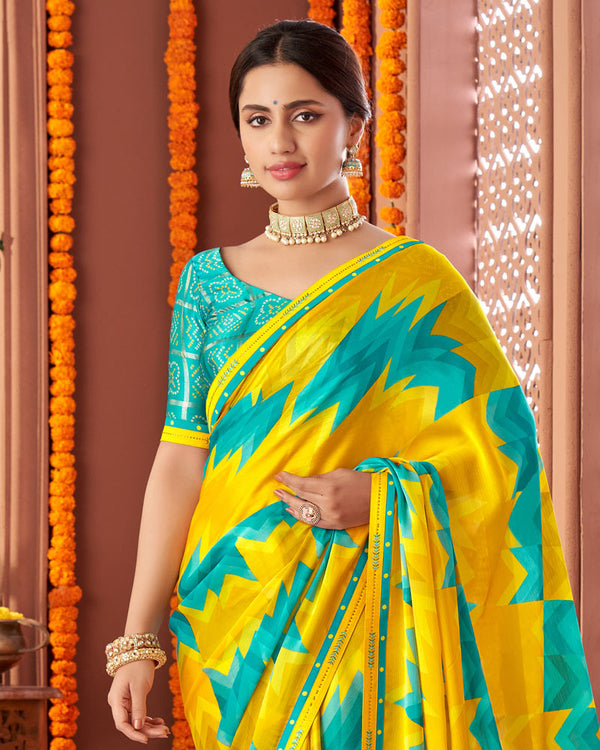 Vishal Prints Dark Yellow Printed Fancy Chiffon Saree With Border
